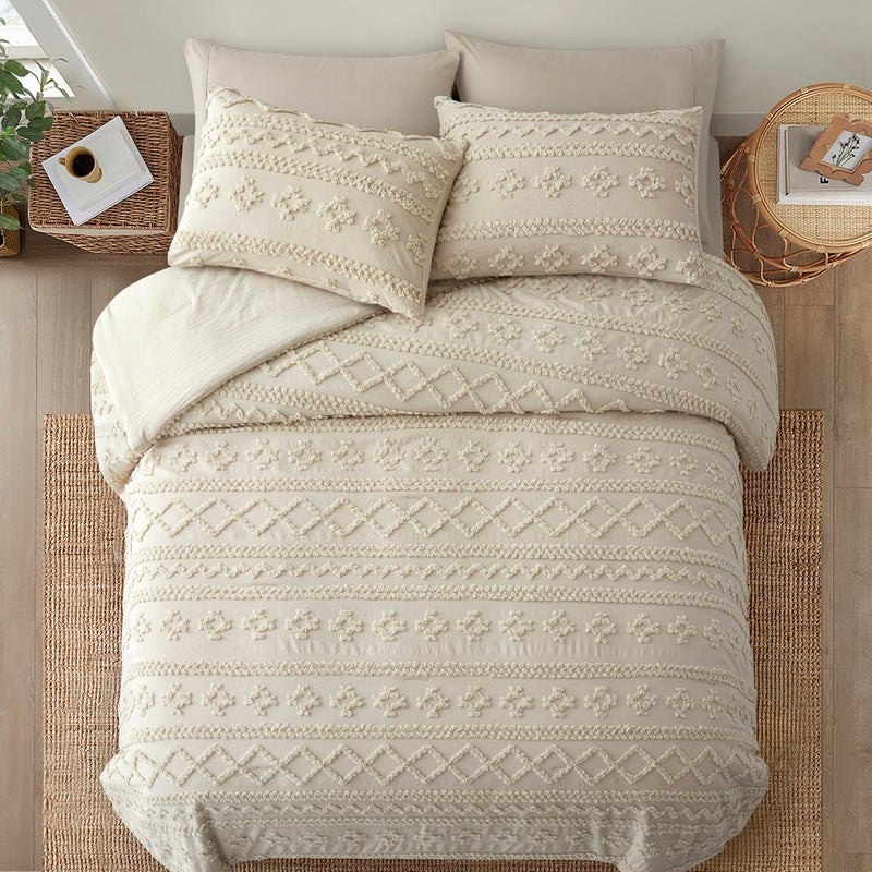 Oli Anderson Beige Queen Comforter Set Tufted Bedding Set Queen 3 Pieces, Boho Shabby Chic Comforter with 2 Pillowcases (Beige,Queen) - Image 5