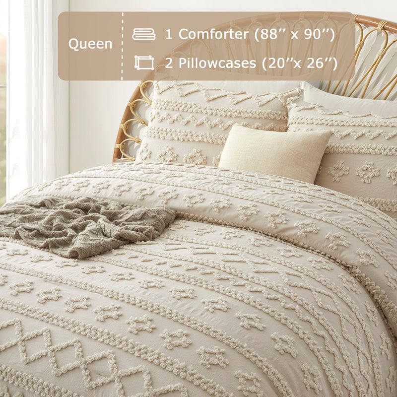 Oli Anderson Beige Queen Comforter Set Tufted Bedding Set Queen 3 Pieces, Boho Shabby Chic Comforter with 2 Pillowcases (Beige,Queen) - Image 4