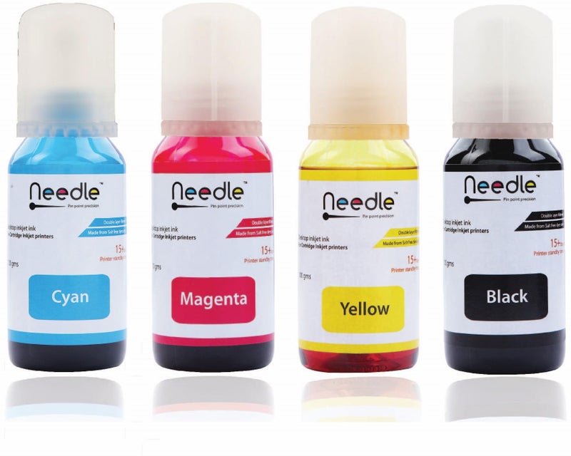 needle ; Pin point precision Needle 4x100gms 001/003 Compatible Refill Ink | Made in India | for Epson L3150 L3110 L3100 L3151 L3152 L1110 L3115 L3116 L3156 L4150 L6170 L4160 L5190 L6190 L6161 Printers (CMYK) - Image 1