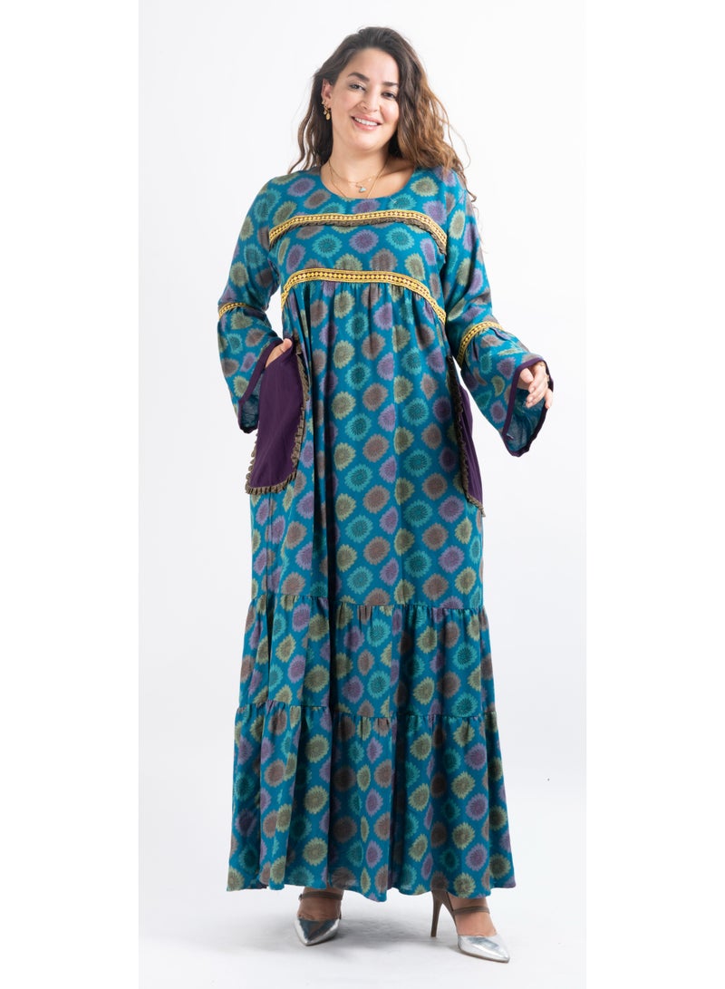 زينة جلابية / قفطان ماكسي بموتيف جاكار فاخر | ياقة دائرية، حواف متباينة وجيوب عملية - Image 1