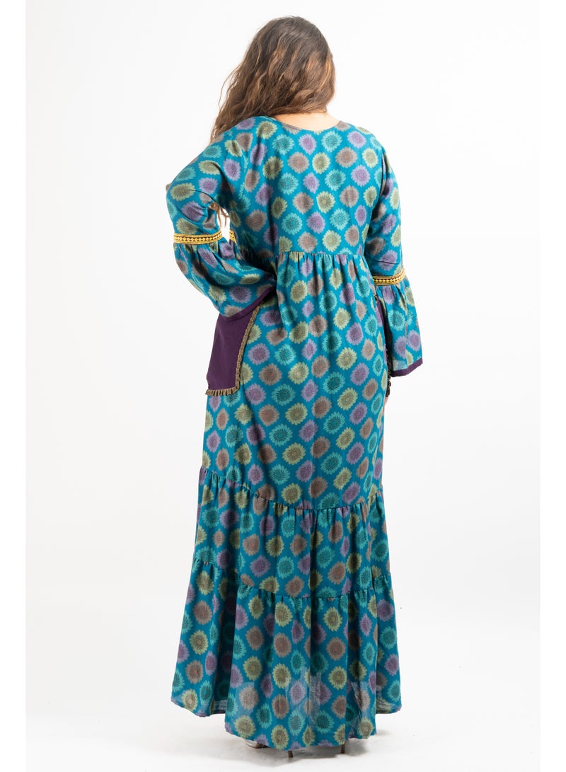 زينة جلابية / قفطان ماكسي بموتيف جاكار فاخر | ياقة دائرية، حواف متباينة وجيوب عملية - Image 3