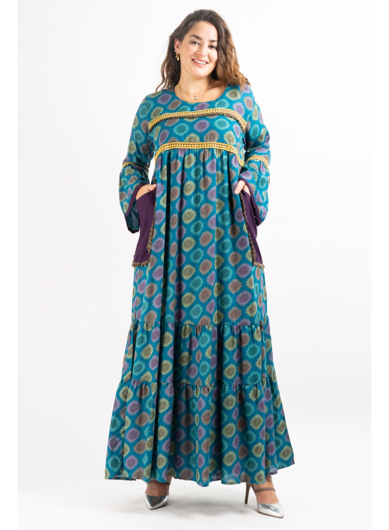 زينة جلابية / قفطان ماكسي بموتيف جاكار فاخر | ياقة دائرية، حواف متباينة وجيوب عملية - Image 4