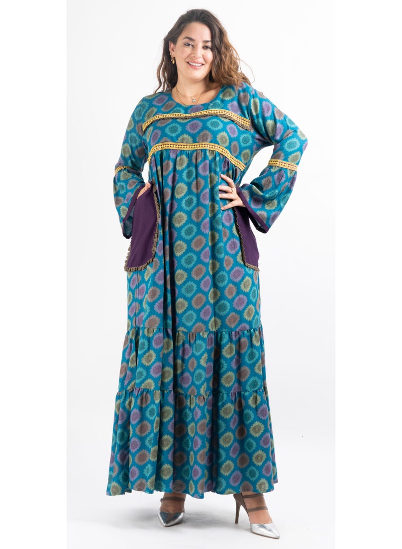 زينة جلابية / قفطان ماكسي بموتيف جاكار فاخر | ياقة دائرية، حواف متباينة وجيوب عملية - Image 5