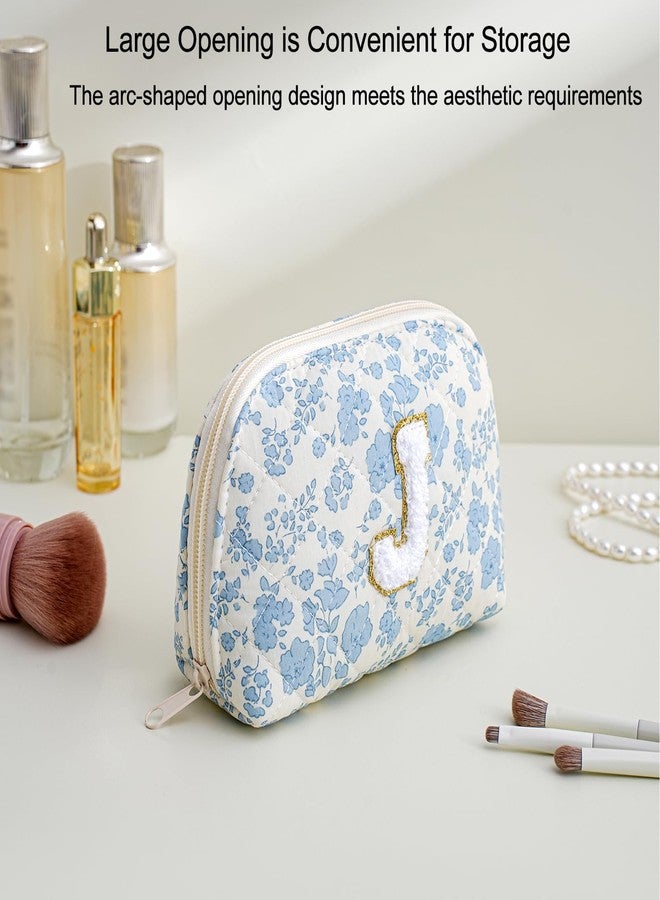 WHHJM Initial Dome Cosmetic Makeup Bag Small Cotton Quilted Makeup Pouch for Purse Cute Blue Floral Travel Toiletry Zipper Pouch (Blue Floral J) - Image 2