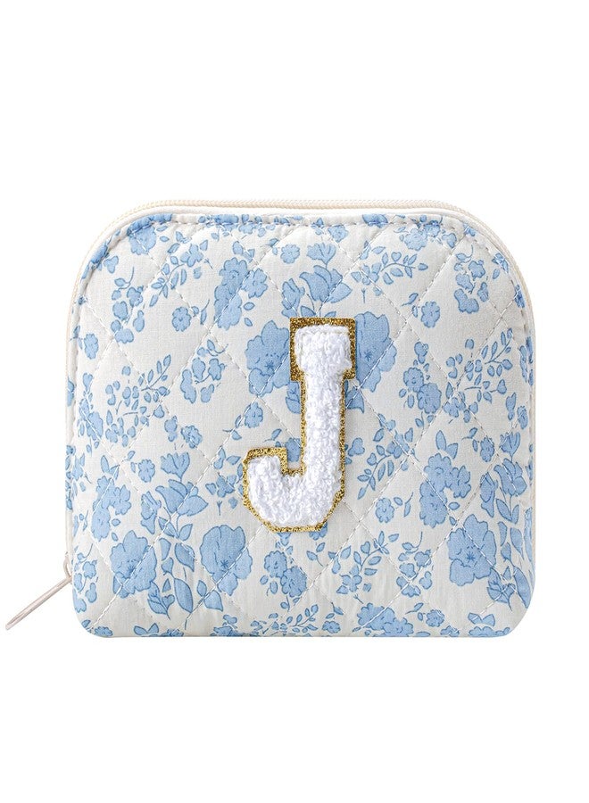 WHHJM Initial Dome Cosmetic Makeup Bag Small Cotton Quilted Makeup Pouch for Purse Cute Blue Floral Travel Toiletry Zipper Pouch (Blue Floral J) - Image 1