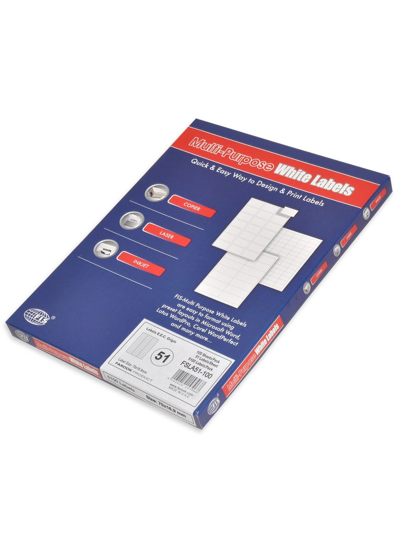 FIS Multipurpose Laser Labels, Colour White, Size 70X16.9MM (51 Stickers x 100 Sheet) A4 Size, E.U. Origin Material - FSLA51-100 - Image 2