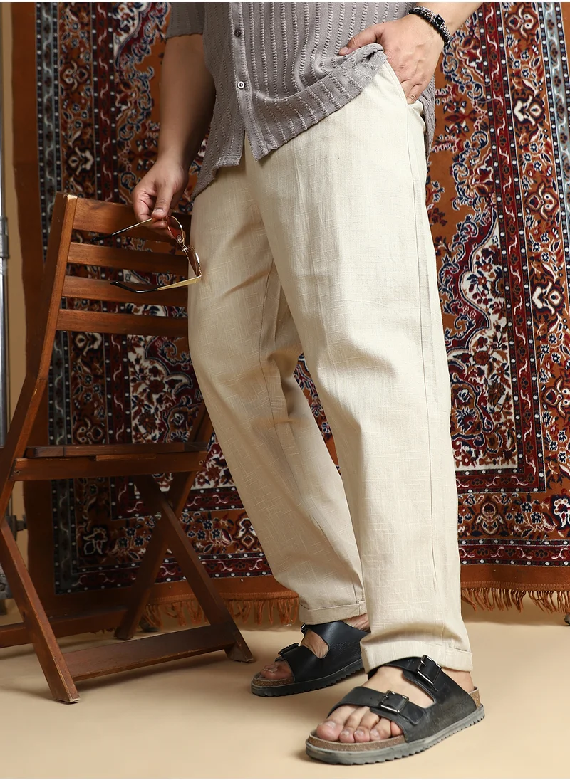 انستافاب بلس Instafab Plus Men's Ecru Beige Linen-Blend Cuffed Trousers For Casual Wear | Mid-Rise | Regular Fit | Button Closure | Plus Size Trousers Crafted With Comfort Fit For Everyday Wear