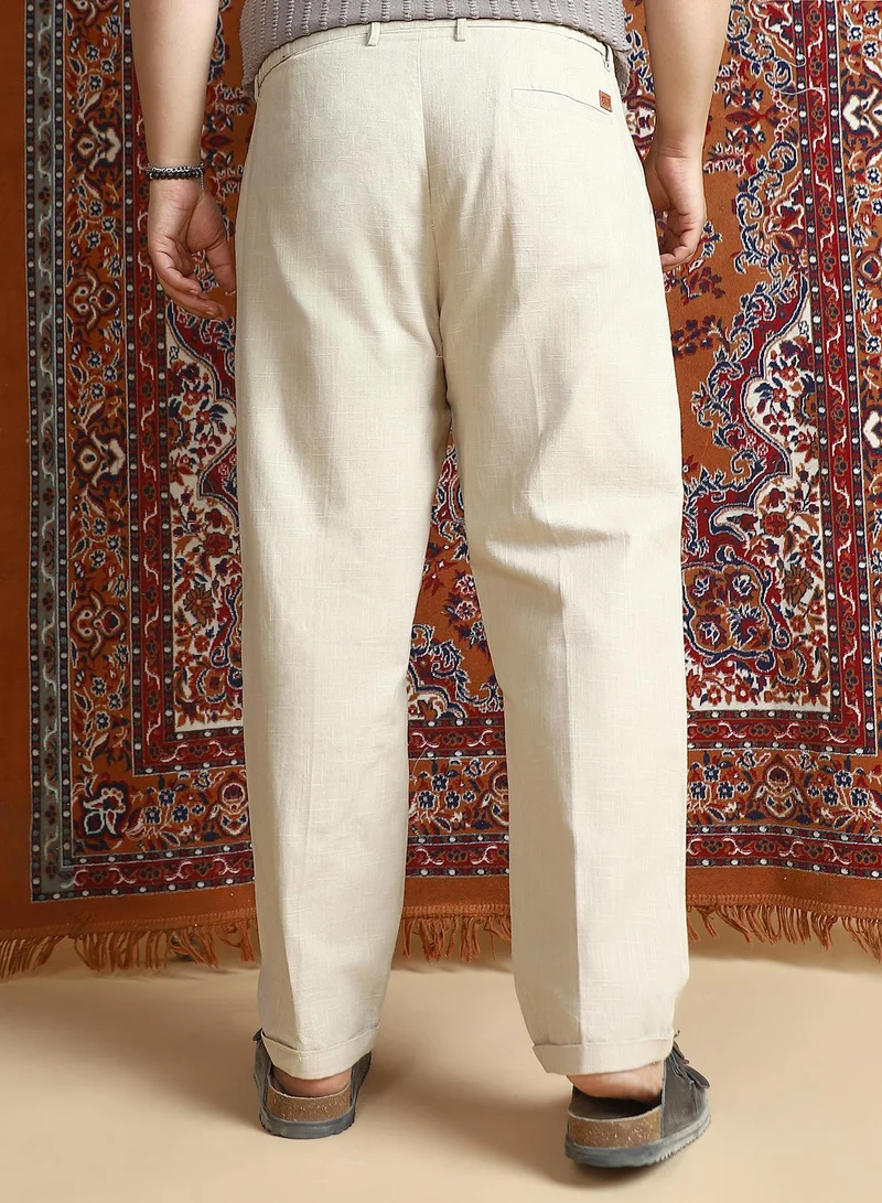 Instafab Plus Instafab Plus Men's Ecru Beige Linen-Blend Cuffed Trousers For Casual Wear | Mid-Rise | Regular Fit | Button Closure | Plus Size Trousers Crafted With Comfort Fit For Everyday Wear