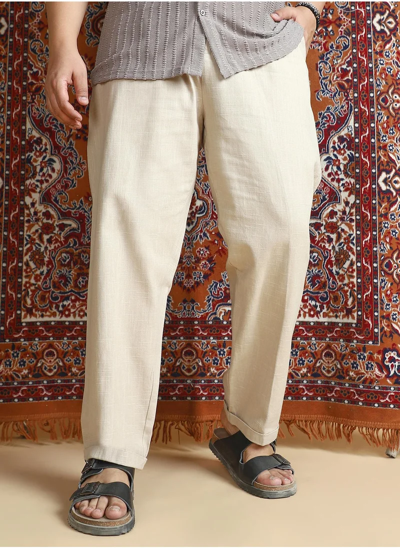 انستافاب بلس Instafab Plus Men's Ecru Beige Linen-Blend Cuffed Trousers For Casual Wear | Mid-Rise | Regular Fit | Button Closure | Plus Size Trousers Crafted With Comfort Fit For Everyday Wear