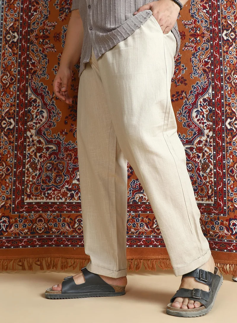 Instafab Plus Instafab Plus Men's Ecru Beige Linen-Blend Cuffed Trousers For Casual Wear | Mid-Rise | Regular Fit | Button Closure | Plus Size Trousers Crafted With Comfort Fit For Everyday Wear