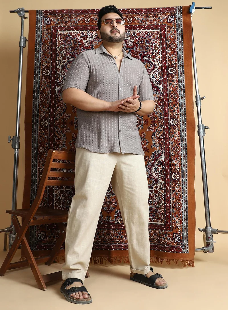 Instafab Plus Instafab Plus Men's Ecru Beige Linen-Blend Cuffed Trousers For Casual Wear | Mid-Rise | Regular Fit | Button Closure | Plus Size Trousers Crafted With Comfort Fit For Everyday Wear