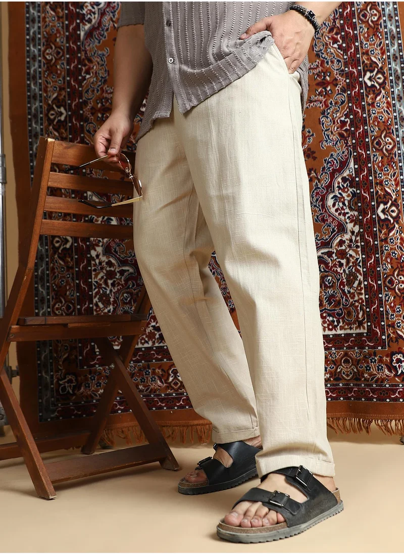 انستافاب بلس Instafab Plus Men's Ecru Beige Linen-Blend Cuffed Trousers For Casual Wear | Mid-Rise | Regular Fit | Button Closure | Plus Size Trousers Crafted With Comfort Fit For Everyday Wear