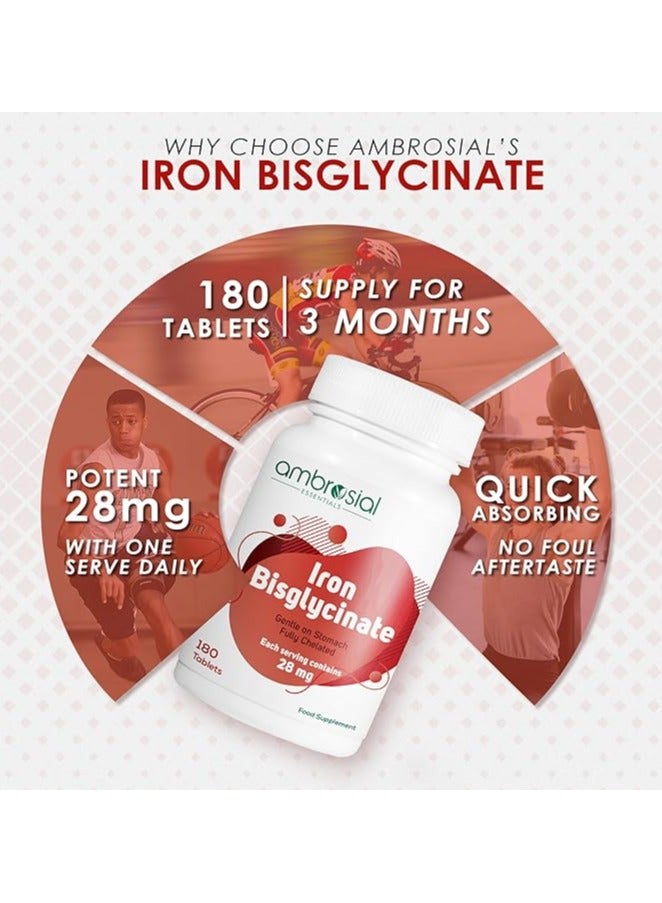 ambrosial Iron Bisglycinate 28mg Iron Supplement for Women and Men | Pack of 1- 180 Veg Tablets - Image 3