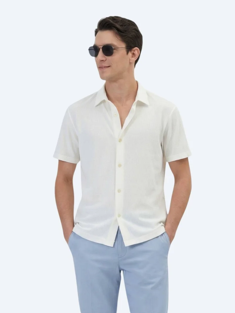 Kip Ecru Patterned Regular Fit Short Knitting Casual Shirt