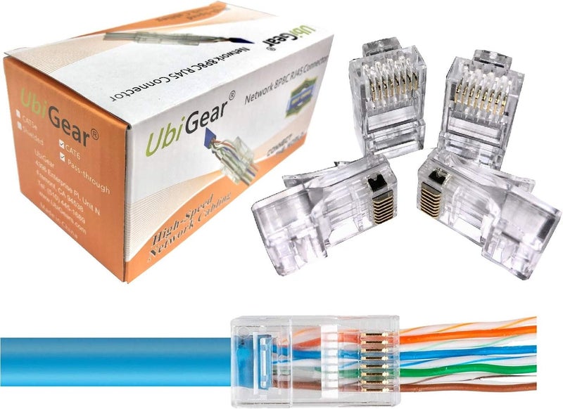 UbiGear 100 Pcs CAT6 RJ45 Pass Through 23 AWG Network Cable Modular Gold-Plated Plug 8P8C Connector End - Image 1