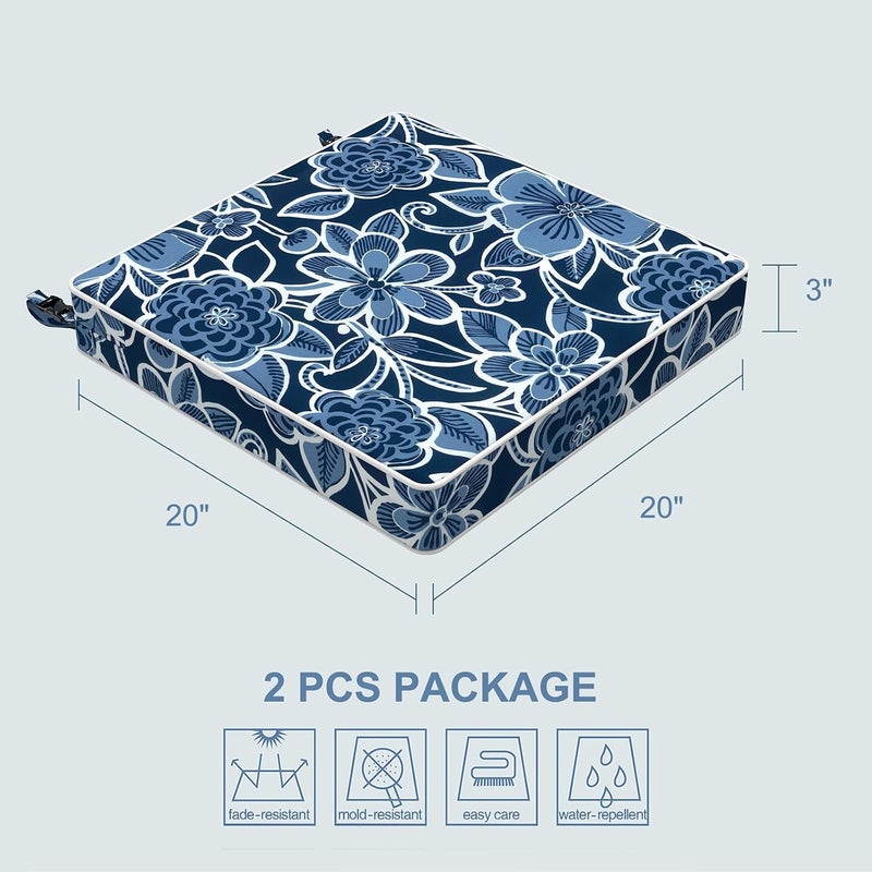 LVTXIII Outdoor Chair Cushions 20x20x3 Inch, Square Water-Repellent Patio Seat Cushions with Ties & Hidden Zipper, 2 Pack Thick Foam Chair Pads for Garden Furniture, Flower Navy - Image 3