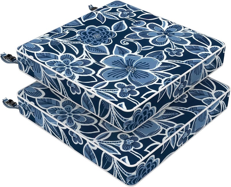LVTXIII Outdoor Chair Cushions 20x20x3 Inch, Square Water-Repellent Patio Seat Cushions with Ties & Hidden Zipper, 2 Pack Thick Foam Chair Pads for Garden Furniture, Flower Navy - Image 1