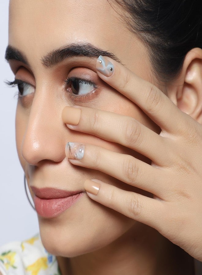 ليك أظافر لاصقة - 30 قطعة من الأظافر الاصطناعية/الأكريليك القابلة لإعادة الاستخدام بلون البشرة مع مجموعة أدوات التطبيق مطبوعة ومرصعة باللؤلؤ بلون البشرة (عبوة من 30 قطعة) - Image 3