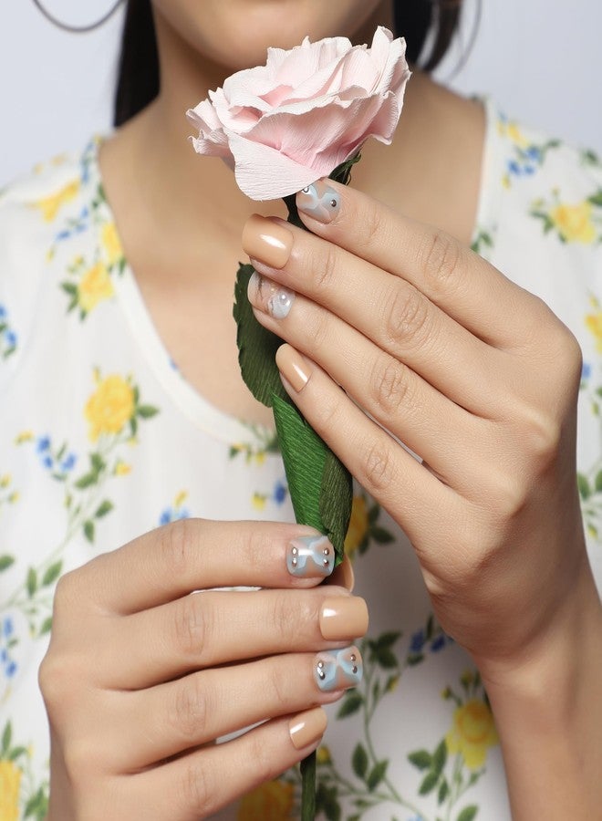 ليك أظافر لاصقة - 30 قطعة من الأظافر الاصطناعية/الأكريليك القابلة لإعادة الاستخدام بلون البشرة مع مجموعة أدوات التطبيق مطبوعة ومرصعة باللؤلؤ بلون البشرة (عبوة من 30 قطعة) - Image 2