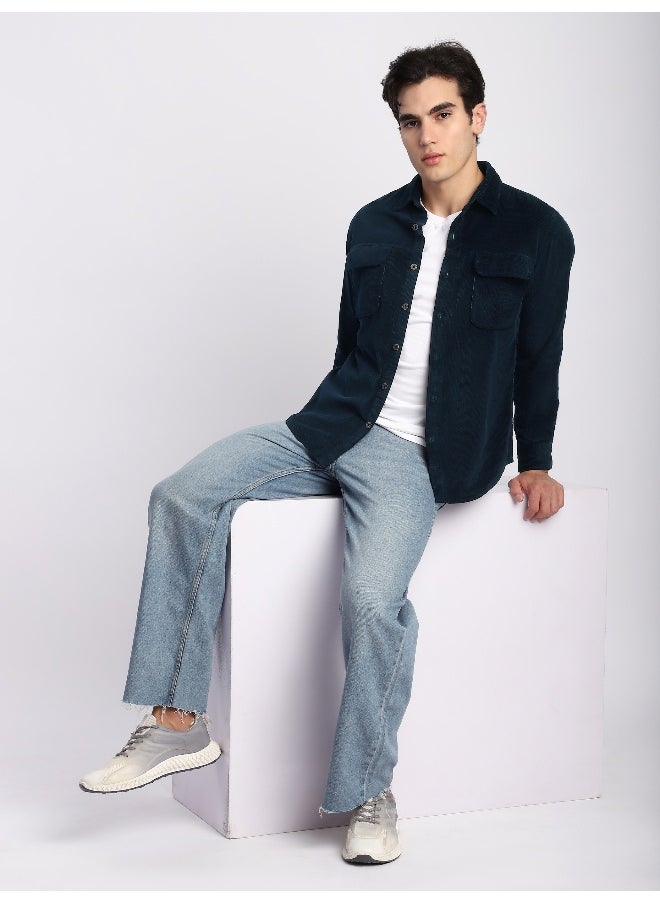 Beyoung Navy Blue Flap Pocket Corduroy Shirt  - Image 1