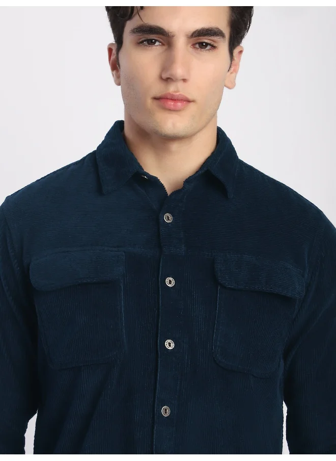 Beyoung Navy Blue Flap Pocket Corduroy Shirt