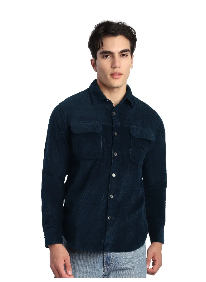 Beyoung Navy Blue Flap Pocket Corduroy Shirt