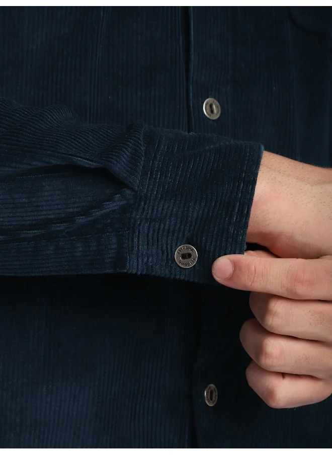 Beyoung Navy Blue Flap Pocket Corduroy Shirt