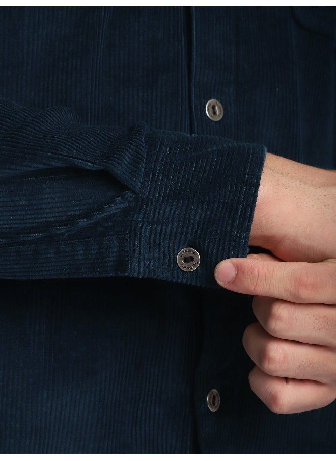 Beyoung Navy Blue Flap Pocket Corduroy Shirt  - Image 4
