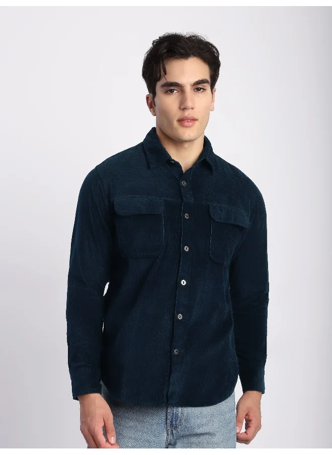 Beyoung Navy Blue Flap Pocket Corduroy Shirt