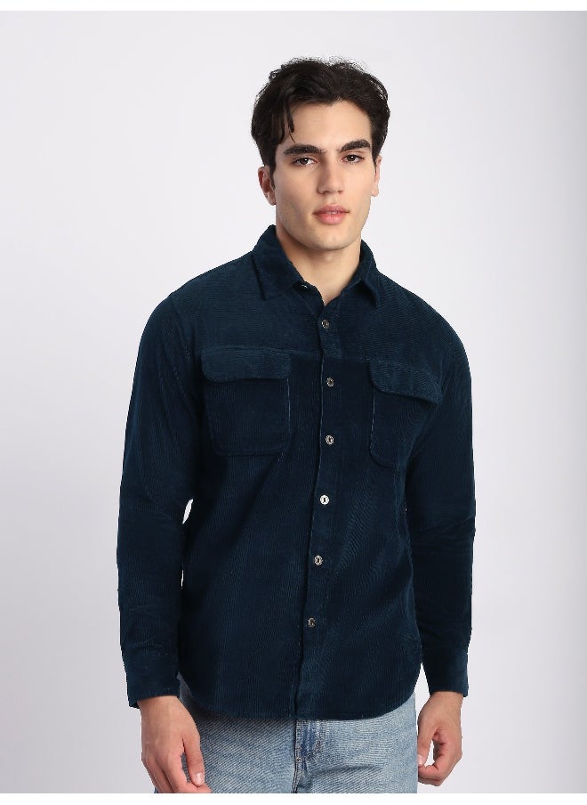 Beyoung Navy Blue Flap Pocket Corduroy Shirt  - Image 5