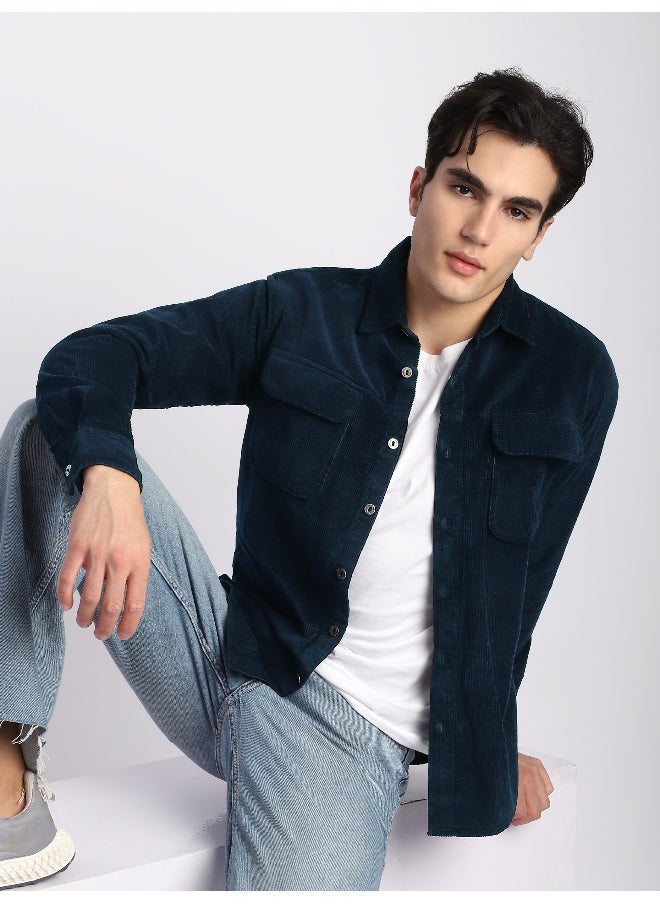 Beyoung Navy Blue Flap Pocket Corduroy Shirt  - Image 3