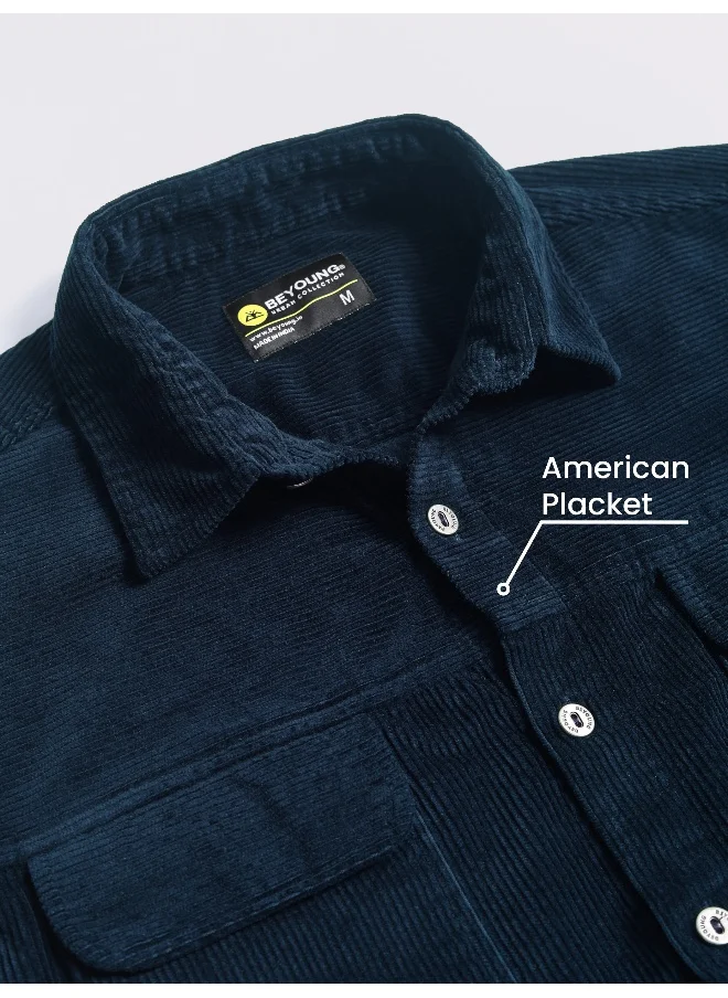 Beyoung Navy Blue Flap Pocket Corduroy Shirt