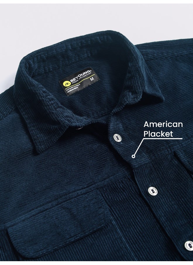 Beyoung Navy Blue Flap Pocket Corduroy Shirt  - Image 2