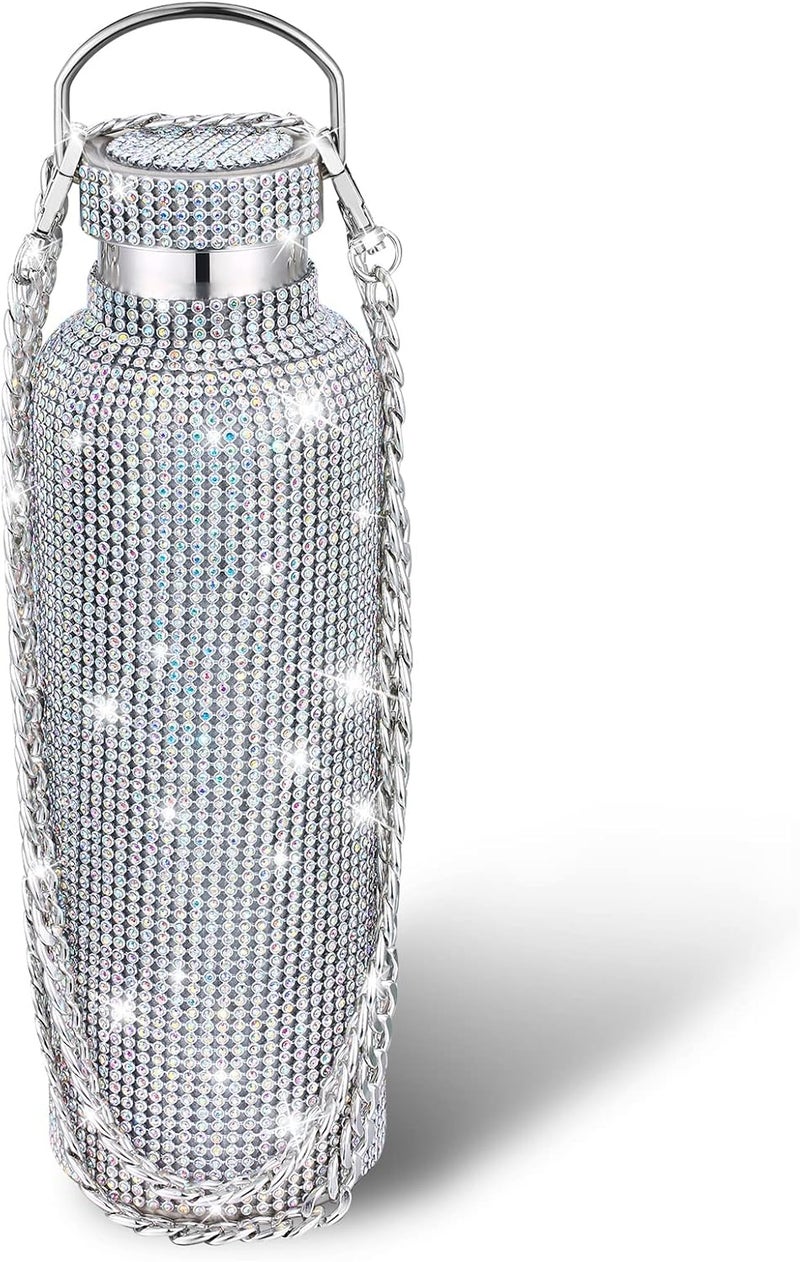 Geiserailie Diamond Water Bottle Bling Rhinestone Stainless Steel Thermal Bottle Refillable Insulated Glitter Water Jug with Chain for Women Girls Gifts750 mlAB Diamond - Image 1