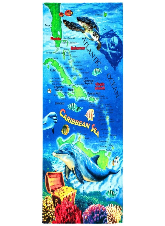 Beachland Dolphins Beach Towel 30 x 60 inch 100% Cotton - Caribbean Map - Bottlenose Dolphin Underwater - Image 1