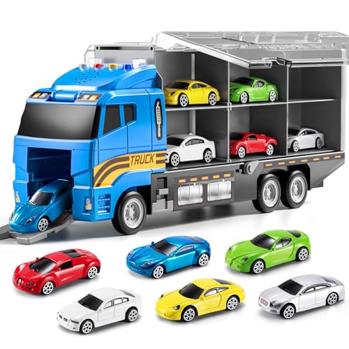 TEMI Transport Cars Carrier Set Toys wPlay Mat Diecast Vehicles Truck Alloy Metal Race Model Car Toys for Toddler Age 39 Kids Boys Girls - Image 1
