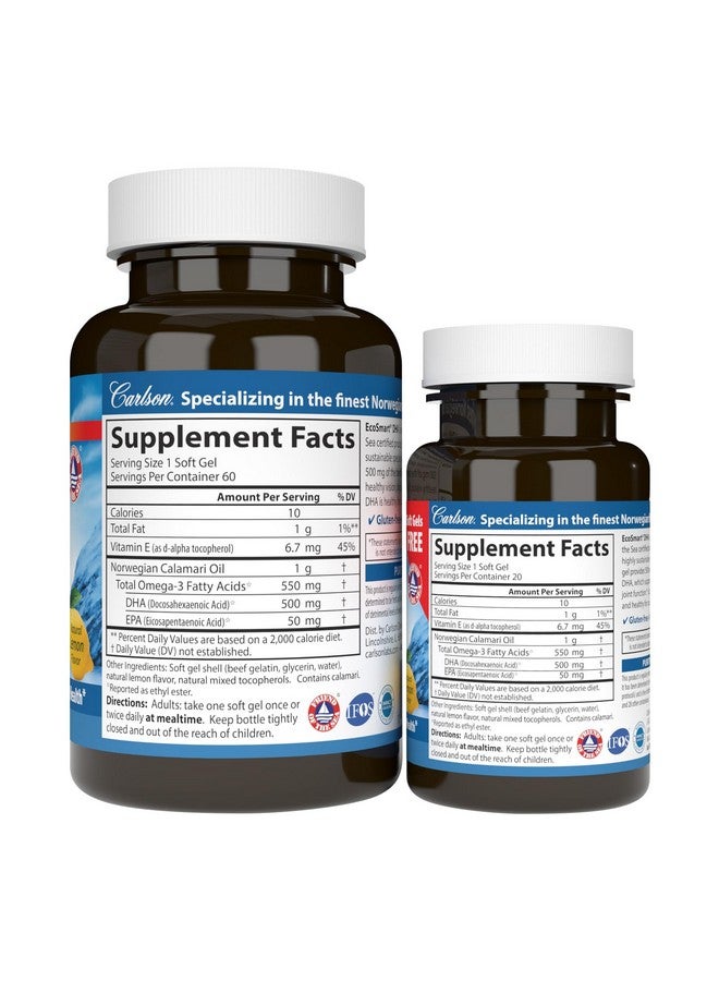 Carlson كارلسون - إيكو سمارت DHA، 500 ملغ DHA، مصدر مستدام، رؤية صحية ووظيفة دماغية، ليمون، 60+20 كبسولة لينة - Image 2