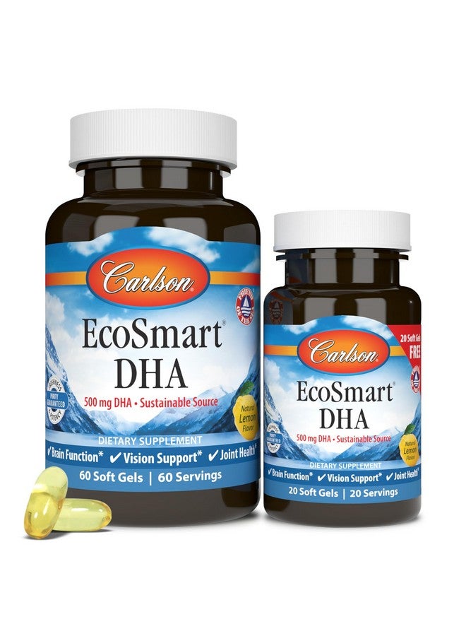 Carlson كارلسون - إيكو سمارت DHA، 500 ملغ DHA، مصدر مستدام، رؤية صحية ووظيفة دماغية، ليمون، 60+20 كبسولة لينة - Image 1