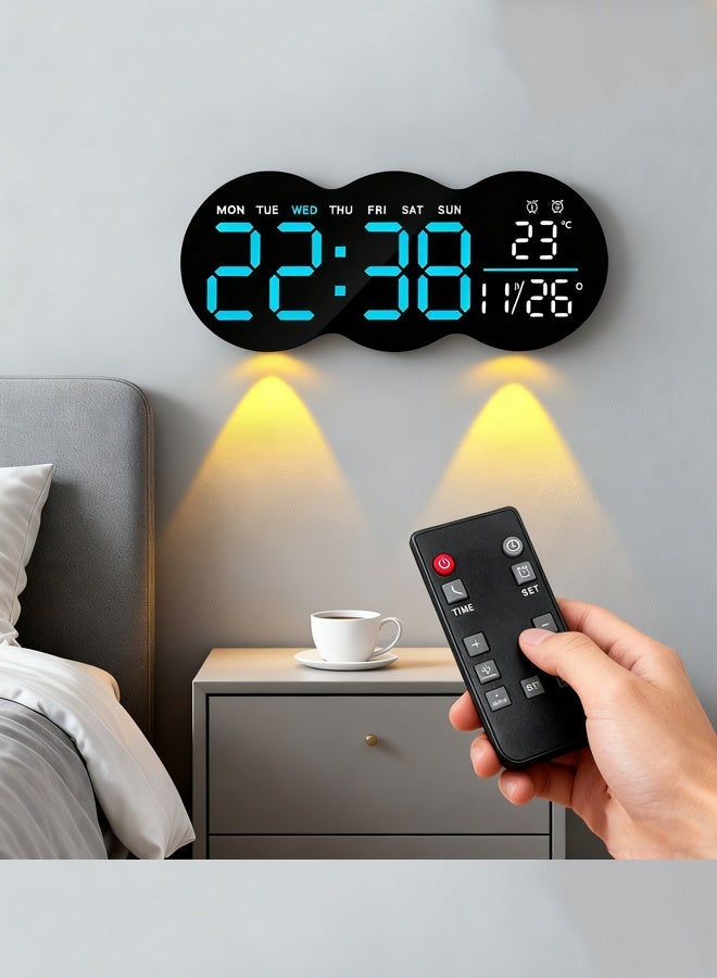 KORAX Remote-Controlled LED Digital Wall Clock Auto-sensing light adjustment Dual alarms Night light Auto daylight saving time Temperature display Memory function Essential for bedrooms, studies, and living rooms Wall-mountable or freestanding Includes remote control - Image 1
