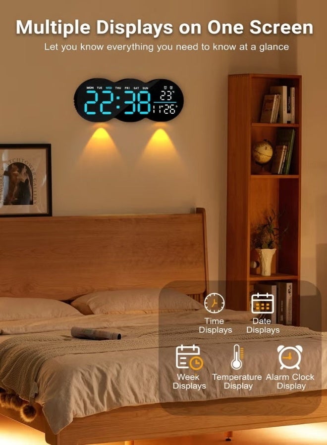 KORAX Remote-Controlled LED Digital Wall Clock Auto-sensing light adjustment Dual alarms Night light Auto daylight saving time Temperature display Memory function Essential for bedrooms, studies, and living rooms Wall-mountable or freestanding Includes remote control - Image 3