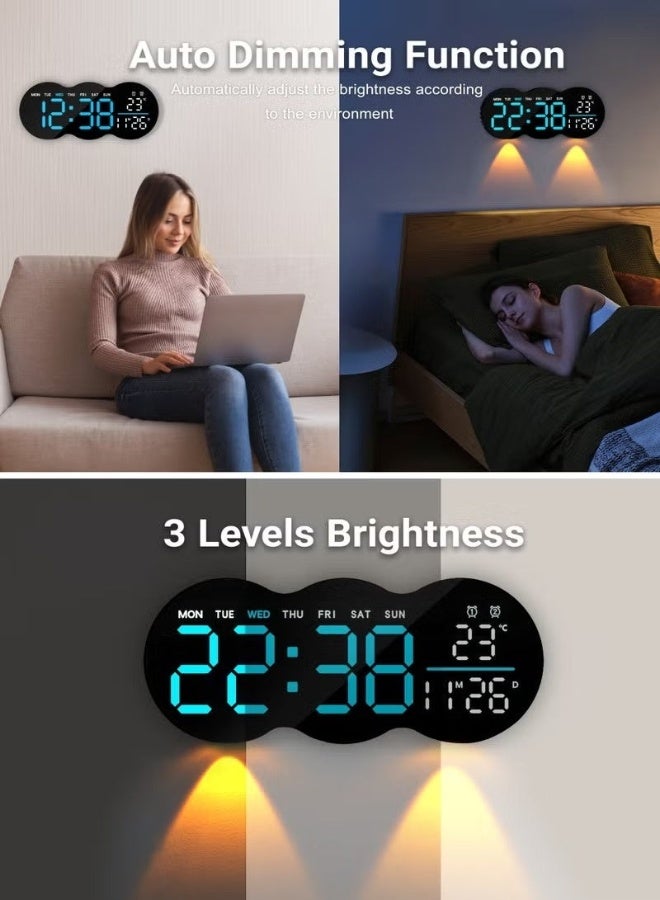 KORAX Remote-Controlled LED Digital Wall Clock Auto-sensing light adjustment Dual alarms Night light Auto daylight saving time Temperature display Memory function Essential for bedrooms, studies, and living rooms Wall-mountable or freestanding Includes remote control - Image 5
