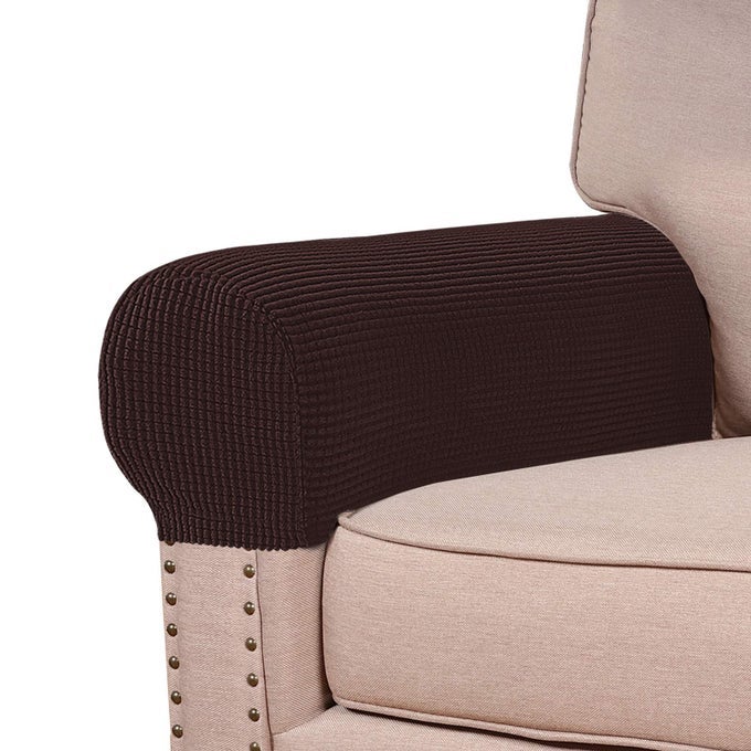 STRETCH ARMREST COVERS FOR CHAIRS AND SOFAS COUCH ARM COVERS FOR SOFA SPANDEX JACQUARD ARMREST COVER ANTISLIP FURNITURE PROTECTOR WASHABLE ARMCHAIR SLIPCOVERS FOR RECLINER SET OF 2 BROWN