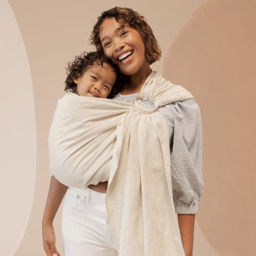 WildBird - Ring Sling Baby Carrier - Newborn to Up to 35 lbs - for Moms, Dads & Caregivers - 100% Natural European Linen Fibers - Versatile & Adjustable - 74” Size - Sparrow Fabric & Bronze Ring - Image 2