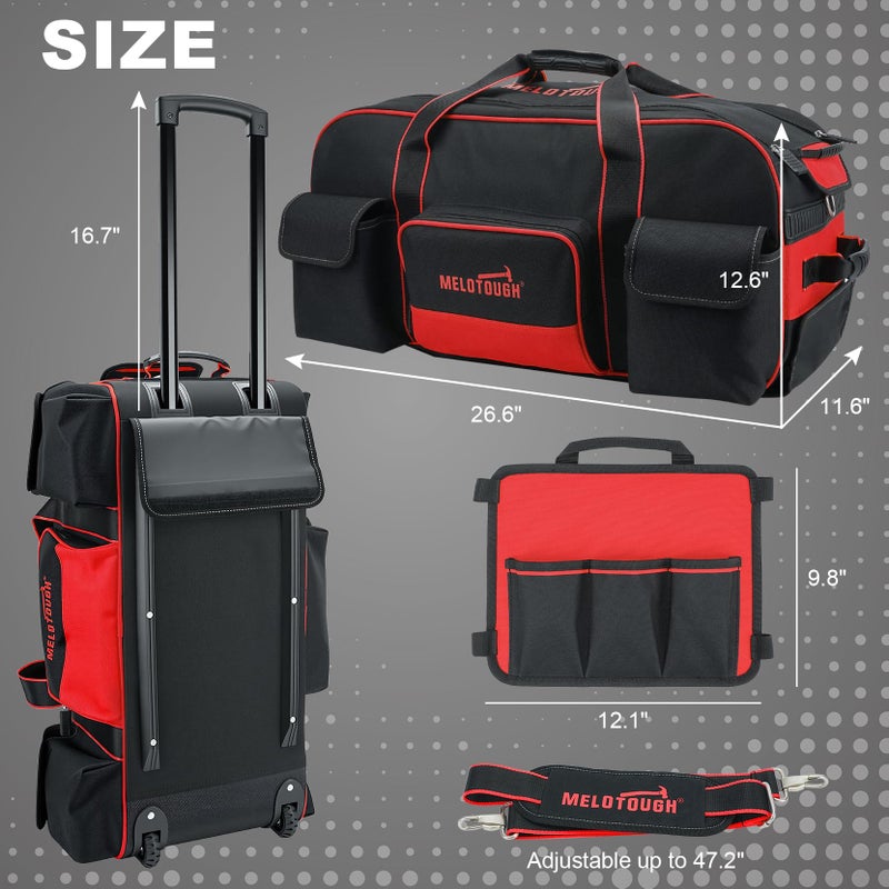 MELOTOUGH Rolling Tool Bag with Wheels,Large Capacity Tool Bag Organizer with Concealed Telescoping Handle for Electrician,Construction,HVAC,Technician (Red/Black) - Image 3