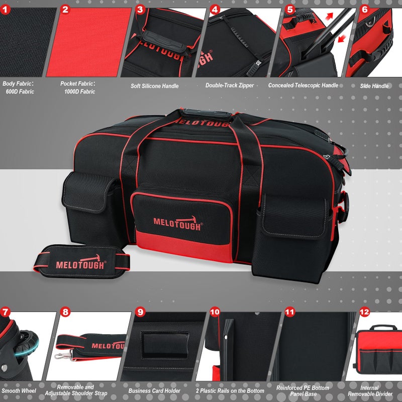 MELOTOUGH Rolling Tool Bag with Wheels,Large Capacity Tool Bag Organizer with Concealed Telescoping Handle for Electrician,Construction,HVAC,Technician (Red/Black) - Image 2