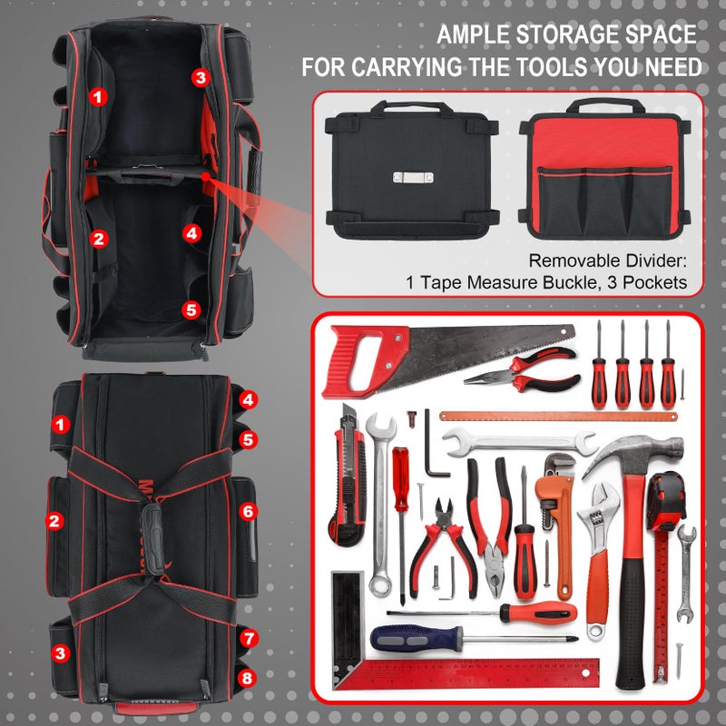 MELOTOUGH Rolling Tool Bag with Wheels,Large Capacity Tool Bag Organizer with Concealed Telescoping Handle for Electrician,Construction,HVAC,Technician (Red/Black) - Image 4