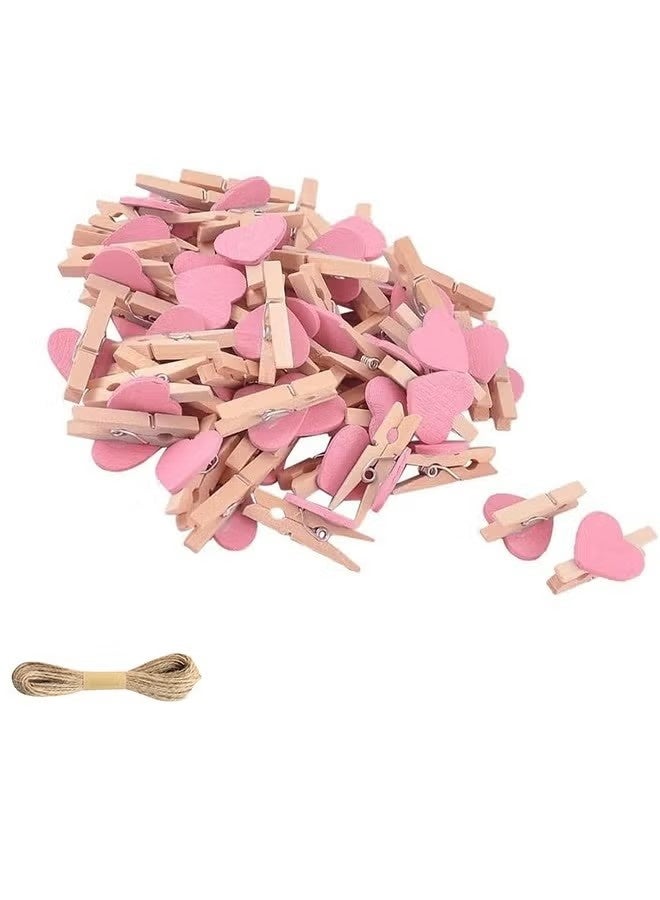 50-Pieces Pink Heart Shape Wooden Photo Clips,Mini Clothes Pins for Photo,with 5M Twine String for Hanging Pictures - Image 1