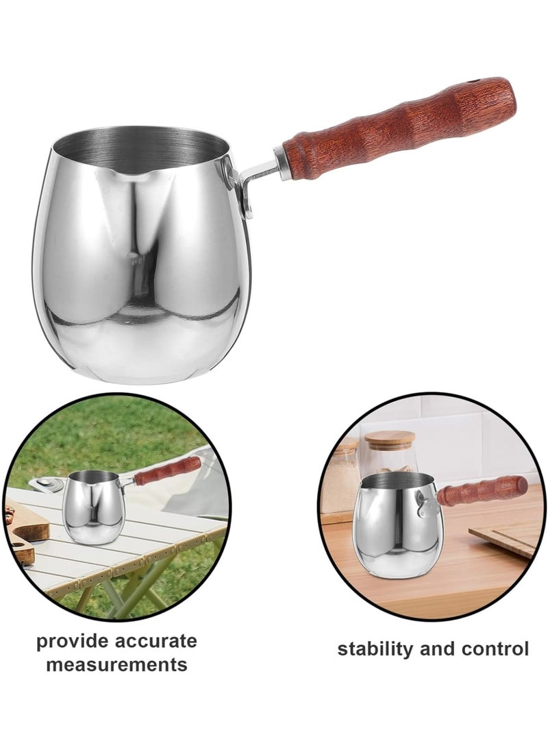 SYOSI Stainless Steel Milk Frothing Pitcher with Wooden Handle, 420ml Espresso Frother Jug with Dripless Spout for Latte Art, Coffee Steaming Cup for Cappuccino, Espresso, and Barista Use (Silver) - Image 3
