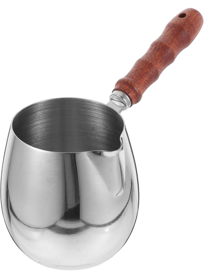 SYOSI Stainless Steel Milk Frothing Pitcher with Wooden Handle, 420ml Espresso Frother Jug with Dripless Spout for Latte Art, Coffee Steaming Cup for Cappuccino, Espresso, and Barista Use (Silver) - Image 1