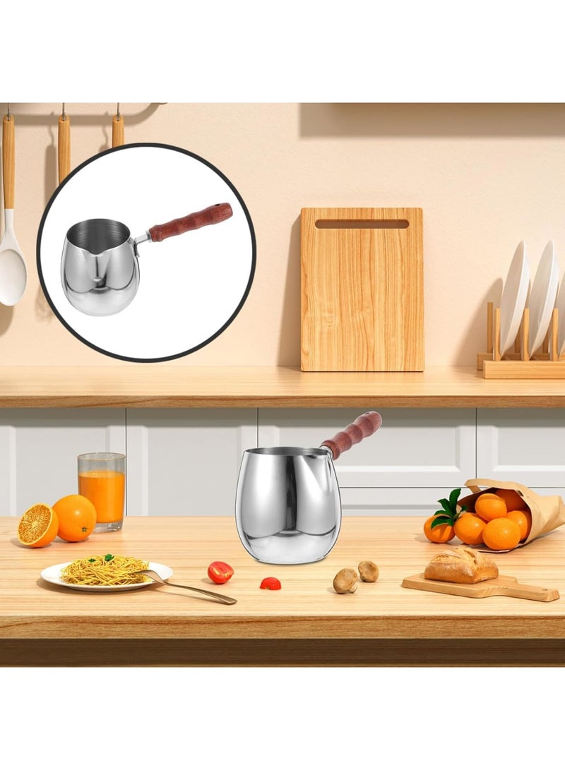 SYOSI Stainless Steel Milk Frothing Pitcher with Wooden Handle, 420ml Espresso Frother Jug with Dripless Spout for Latte Art, Coffee Steaming Cup for Cappuccino, Espresso, and Barista Use (Silver) - Image 4